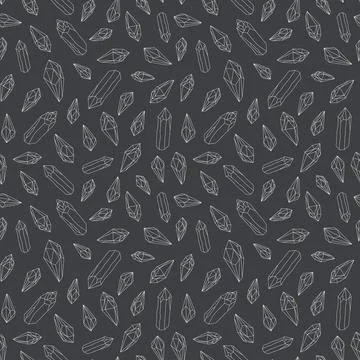 Dark seamless pattern with black and white crystals gems outline drawing Stock Illustration