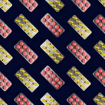 Dark Seamless Pattern of Blister Packs with Pills Stock Photos