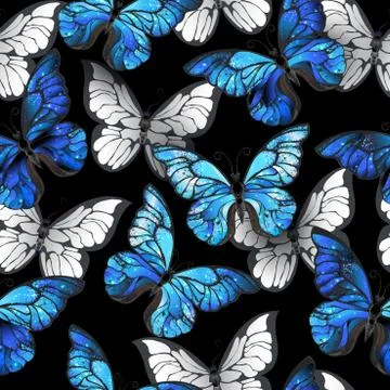 Dark seamless pattern with blue butterflies Ilustración de archivo