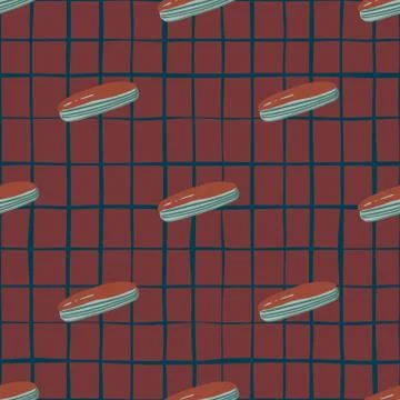 Dark seamless pattern with cartoon eclairs silhouettes. Maroon chequered back Illustrazione stock