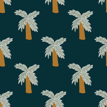 Dark seamless pattern with doodle hand drawn palm tree silhouettes. Navy blue Stock Illustration