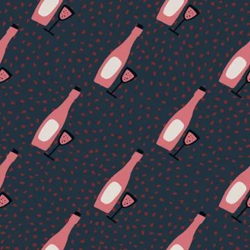 Dark seamless pattern with doodle wine ornament. Pink bottle and glass on dot Illustrazione stock