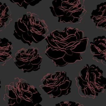 Dark seamless pattern with drawn black roses Stock Illustration