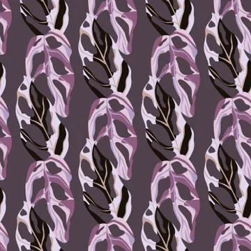 Dark seamless pattern with hand drawn monstera leaf silhouettes. Purple palet Illustrazione stock