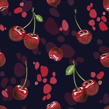 Dark seamless pattern with hand-painted watercolor illustration of red cherries Stock Illustration