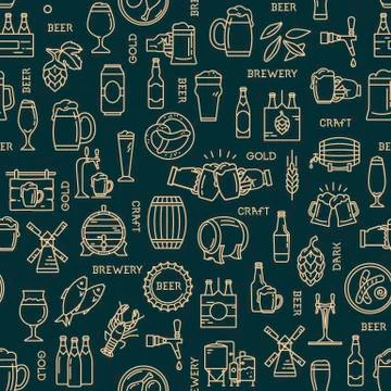 Dark seamless pattern kraft beer icons in modern style on the theme of beer. Stock Illustration