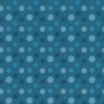 Dark seamless pattern of many light snowflakes on blue background. Soft Chris Stock-Illustration