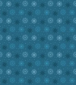 Dark seamless pattern of many light snowflakes on blue background. Soft Chris Stock-Illustration