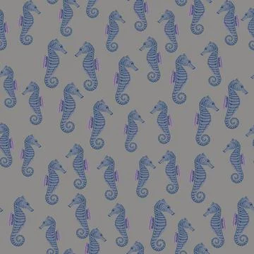 Dark seamless pattern with navu blue little sea horse elements shapes. Grey b Stock Illustration