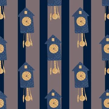 Dark seamless pattern with navy blue and beige colored cuckoo clock print. St Stock Illustration