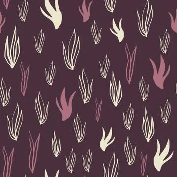 Dark seamless pattern with outline white and pink contoured seaweeds. Maroon  Stock Illustration