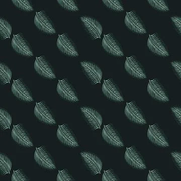 Dark seamless pattern with pale blue fern leaf silhouettes print. Black backg イラスト素材