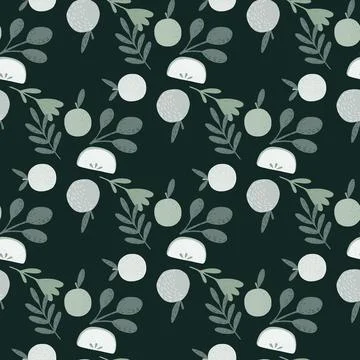 Dark seamless pattern with pastel blue apple and foliage print. Black backgro Illustrazione stock