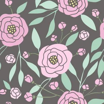 Dark seamless pattern with pink peonies. Stock Illustration