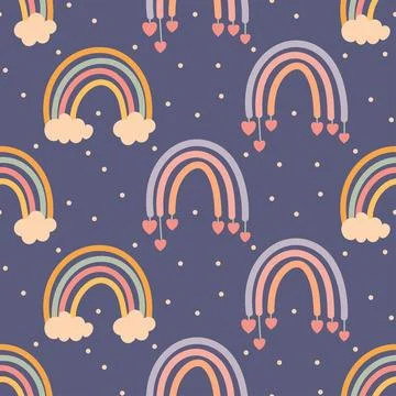 Dark seamless pattern with rainbows, hearts and clouds 库存插图