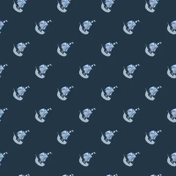 Dark seamless pattern in sea style with simple little blue sailboat ship prin Stock Illustration