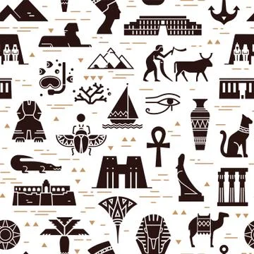 Dark seamless pattern of symbols, landmarks, and signs of Egypt from icons Stock Illustration