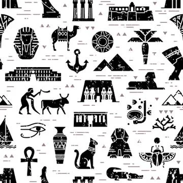 Dark seamless pattern of symbols, landmarks, and signs of Egypt from icons Stock Illustration