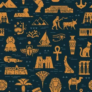 Dark seamless pattern of symbols, landmarks, and signs of Egypt from icons Stock Illustration