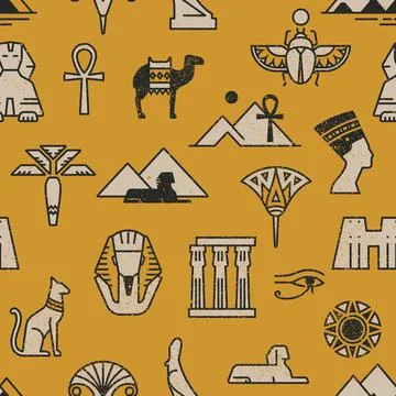 Dark seamless pattern of symbols, landmarks, and signs of Egypt from icons in a Stock Illustration