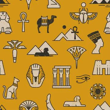 Dark seamless pattern of symbols, landmarks, and signs of Egypt from icons in a Stock Illustration