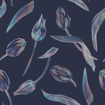 Dark seamless pattern with Tulips flowers isolated on blue. Stock Illustration