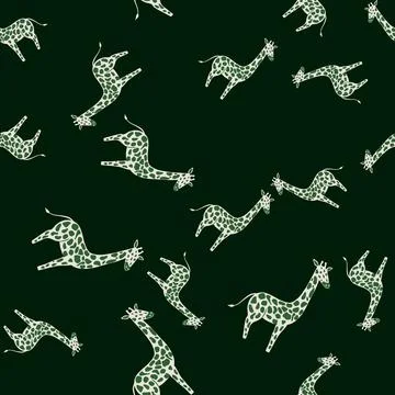 Dark seamless random pattern with doodle hand drawn giraffe shapes. Black bac 스톡 일러스트