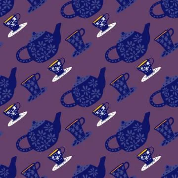 Dark seamless tea ceremony pattern. Doodle elements in navy blue color on pur Stock Illustration