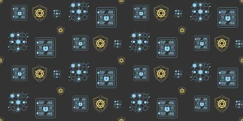 Dark seamless technology pattern with blue digital circuits and golden gear Stock Illustration