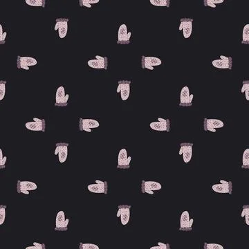 Dark seamless winter warm pattern with doodle mittens print. Brown background Stock Illustration