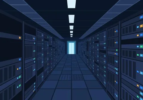 Dark server room corridor with rows of server racks and glowing indicator Stock Illustration