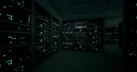 Dark server room filled with blinking lights and high tech equipment Stock Illustration
