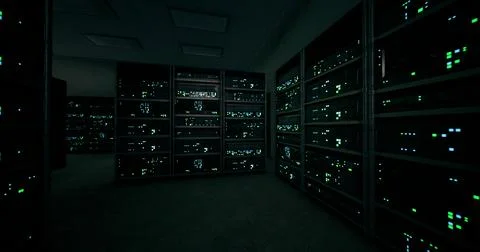 Dark server room with illuminated data racks and servers at night Stock Illustration