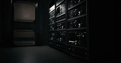 Dark server room with illuminated equipment and shadowy corners at night Stock Illustration