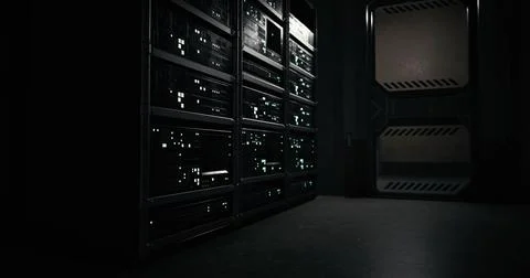 Dark server room with illuminated racks and an industrial door Stock Illustration