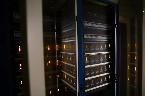 Dark server room with LED lights.  Central computer technology room of a sm.. Stock Photos