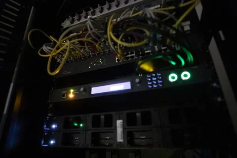 Dark server room with LED lights.  Central computer technology room of a sm.. Stock Photos