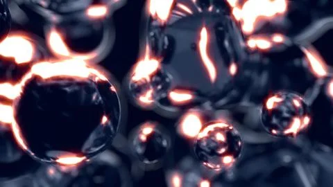 Dark shadow gray limpid crystal meta spheres glowing red on blackness Stock Illustration