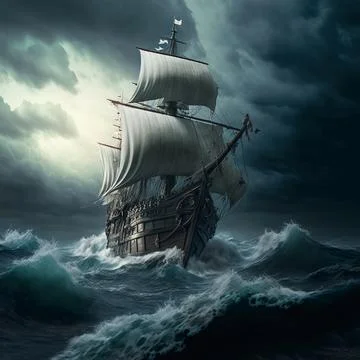 Dark ship on sea with storm clouds Stock Illustration