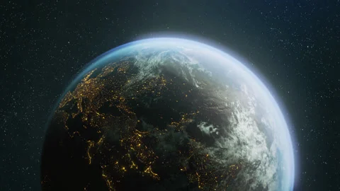 The dark side of planet Earth, a view of the glowing cities of Europe. 스톡 동영상 144440329