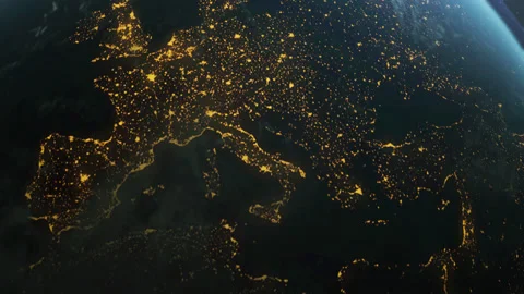 The dark side of planet Earth, a view of the glowing cities of Europe. 스톡 동영상 144440433
