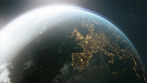 The dark side of planet Earth, a view of the glowing cities of Europe. 스톡 동영상 144734430