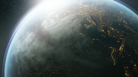 The dark side of planet Earth, a view of the glowing cities of Europe. 스톡 동영상 144738755