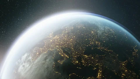 The dark side of planet Earth, a view of the glowing cities of Europe. 스톡 동영상 144738984