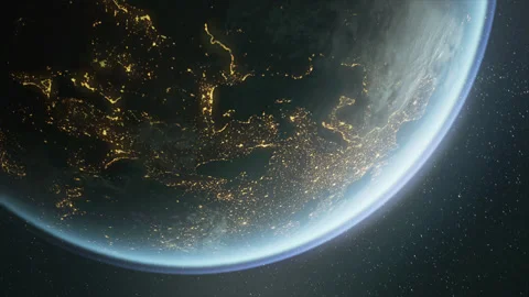 The dark side of planet Earth, a view of the glowing cities of Europe. 스톡 동영상 144745376