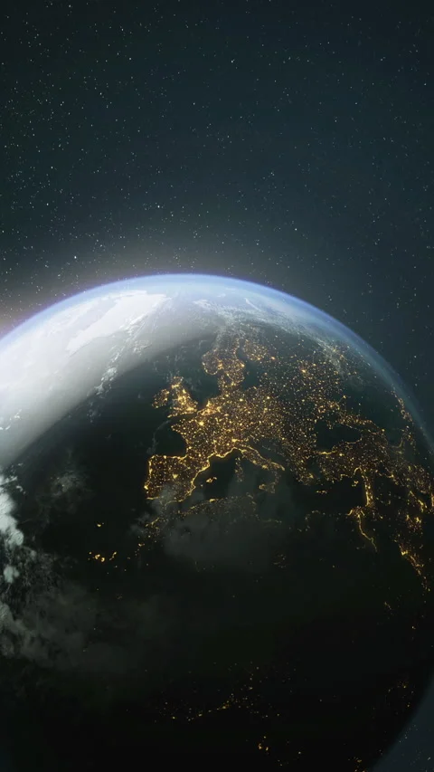 The dark side of planet Earth, a view of the glowing cities of Europe Vídeo Stock 144881298