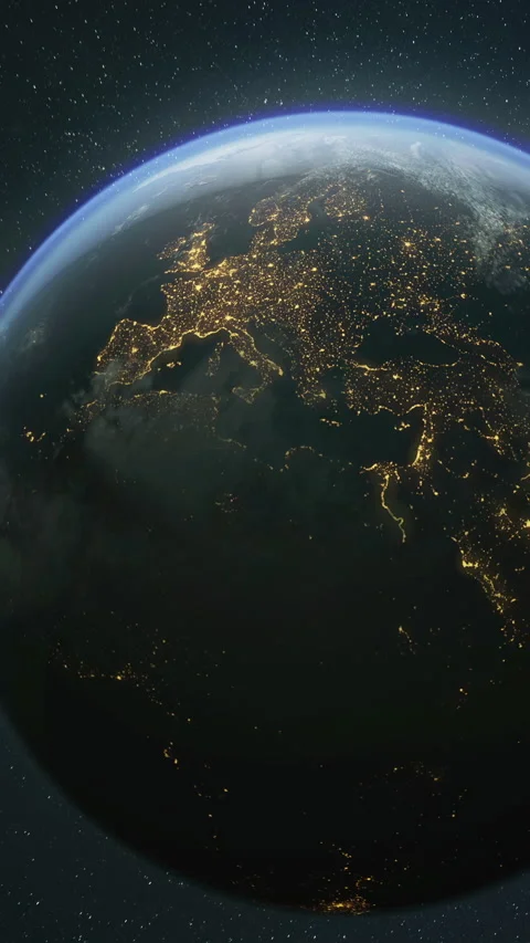The dark side of planet Earth, a view of the glowing cities of Europe Vídeo Stock 144882085