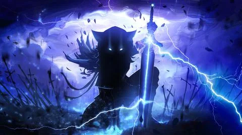 A dark silhouette with an electric wolf warrior, he is a child with incredibl Stock Illustration