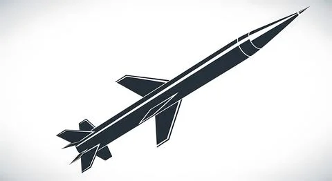 Dark silhouette of a long sharp missile or rocket with angled fins against .. Stock Illustration