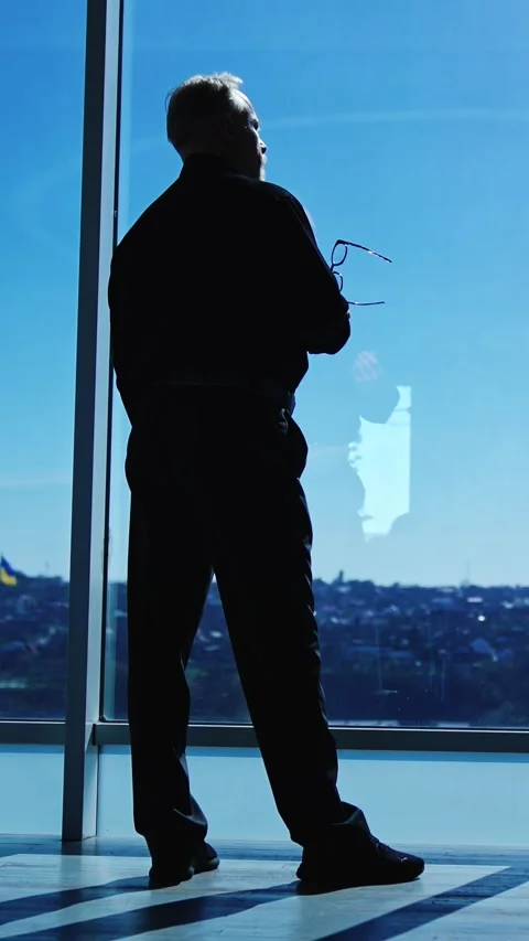 Dark silhouette of a man standing at the panoramic window in office on sunny day Stock Footage 339504615
